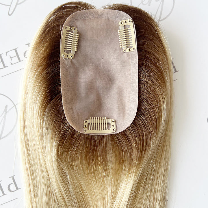 Human Hair Toppers  8cm*13cm Inject Silk Top Dark Rooted Blonde Toppers