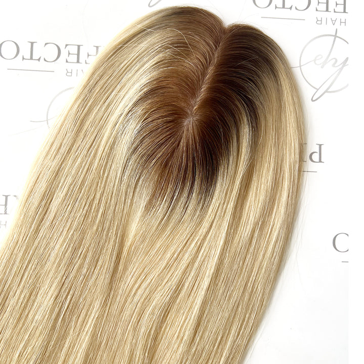 Human Hair Toppers  8cm*13cm Inject Silk Top Dark Rooted Blonde Toppers