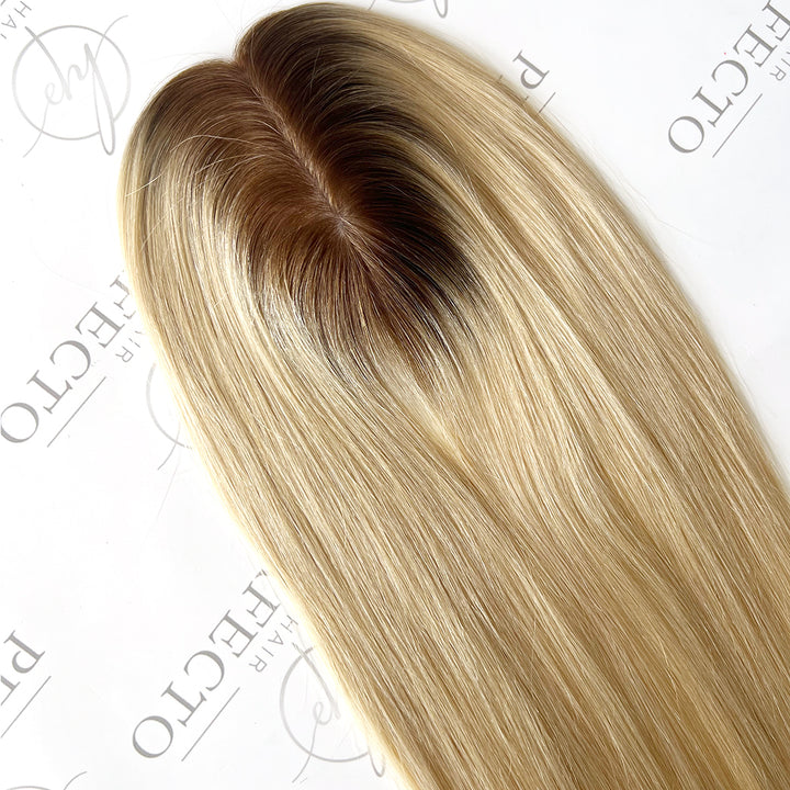 Human Hair Toppers  8cm*13cm Inject Silk Top Dark Rooted Blonde Toppers