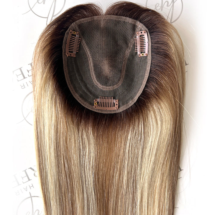 Human Hair Toppers For Thinning Crown 4.5"x5" Balayage 12 Inch Toppers