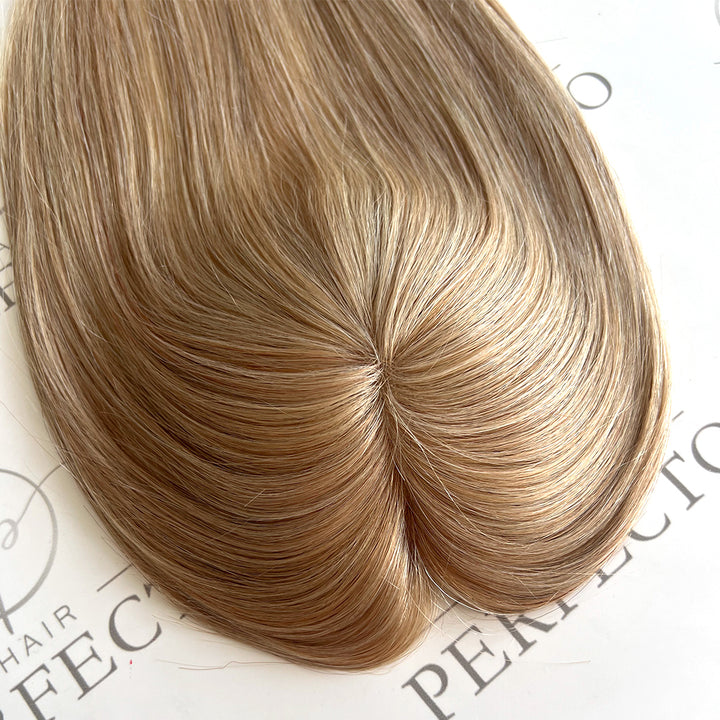 Human Hair Toppers For Hair Loss 4.5"x5" Mixed Brown And Blonde 12 Inch Toppers