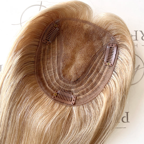 Human Hair Toppers For Hair Loss 4.5"x5" Mixed Brown And Blonde 12 Inch Toppers